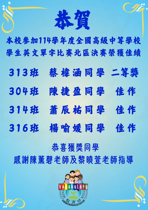 【賀】本校參加114學年度全國高級中等學校學生英文單字比賽北區決賽榮獲佳績圖片