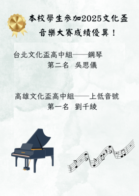 賀！本校學生參加2025文化盃音樂大賽成績優異！圖片(另開新視窗)