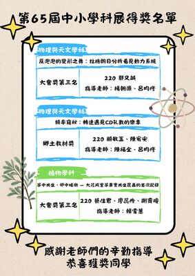 賀！本校參加中華民國第65屆中小學科學展覽會成績優異！圖片