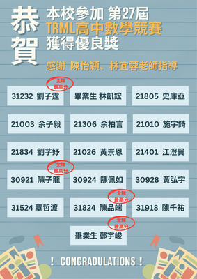 公告：第27屆TRML高中數學競賽得獎名單圖片